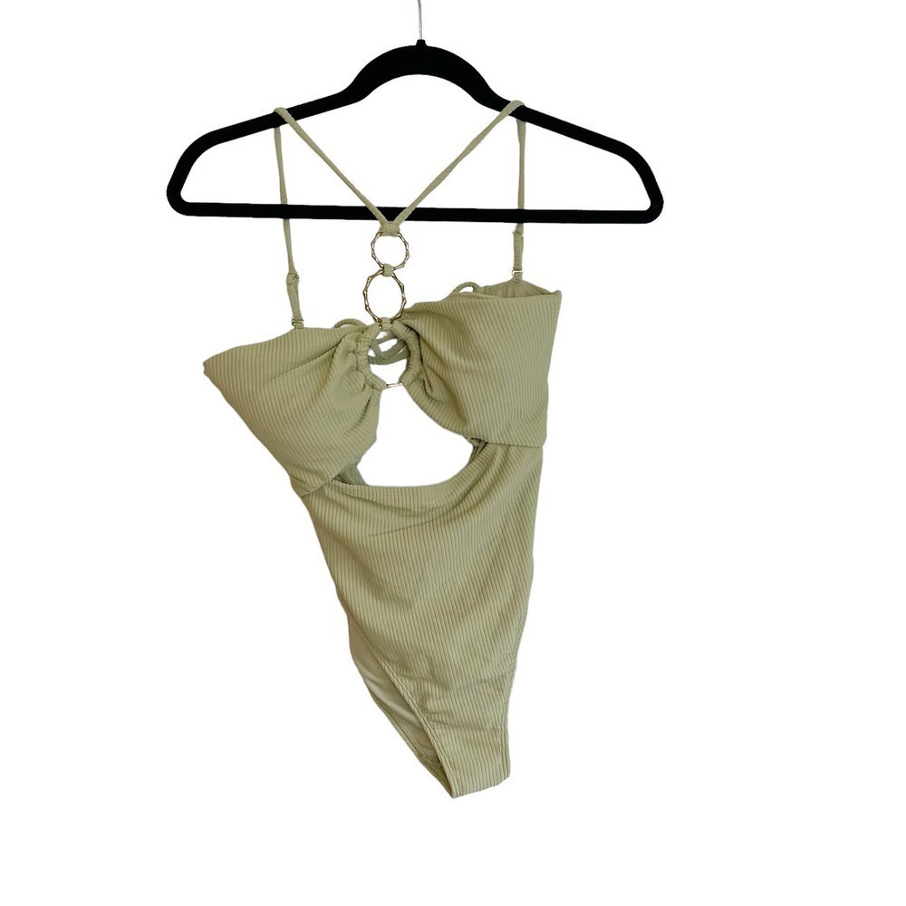 New River Island Ribbed Cut Out Swimsuit Stretch Solid Green Women's Size 8 - Picture 3 of 13